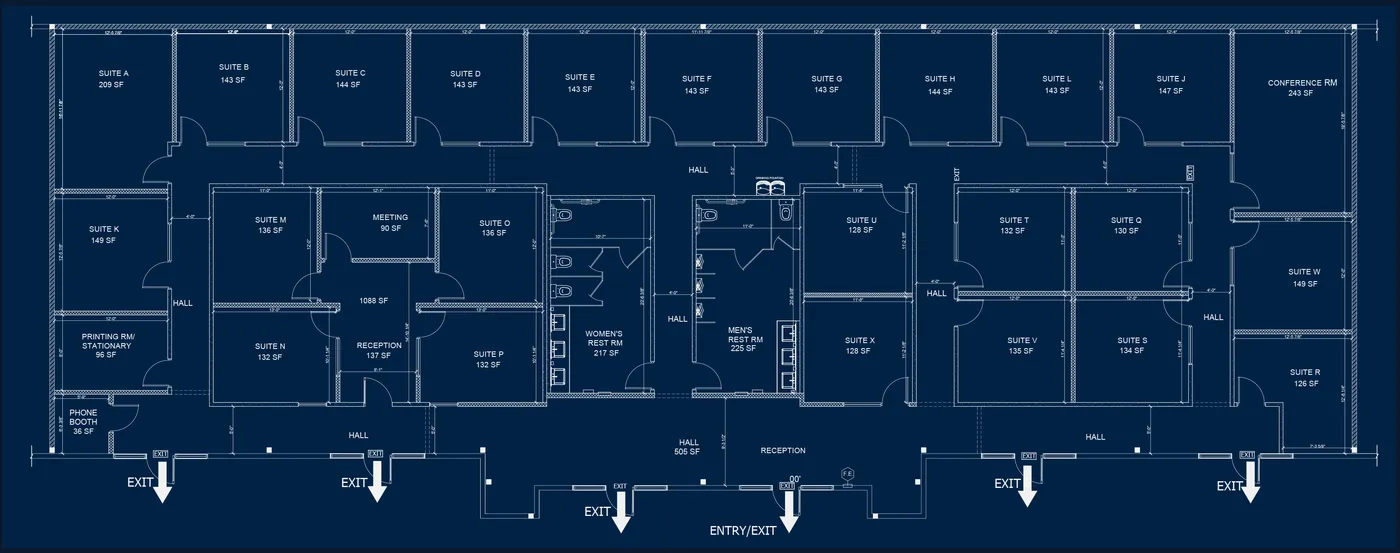 LUXYN Studios floor plan — 23 private suites from 126 to 209 SF, a conference room, shared reception and restrooms, arranged along a central hall with multiple exits.